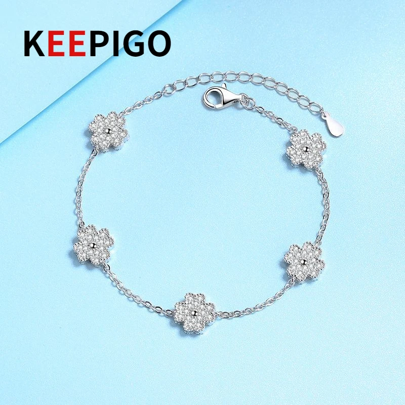 

KEEPIGO S925 Sterling Silver Lucky Four Leaf Clover Moissanite Bracelet Women's With Micro Inlaid Trendy RA081