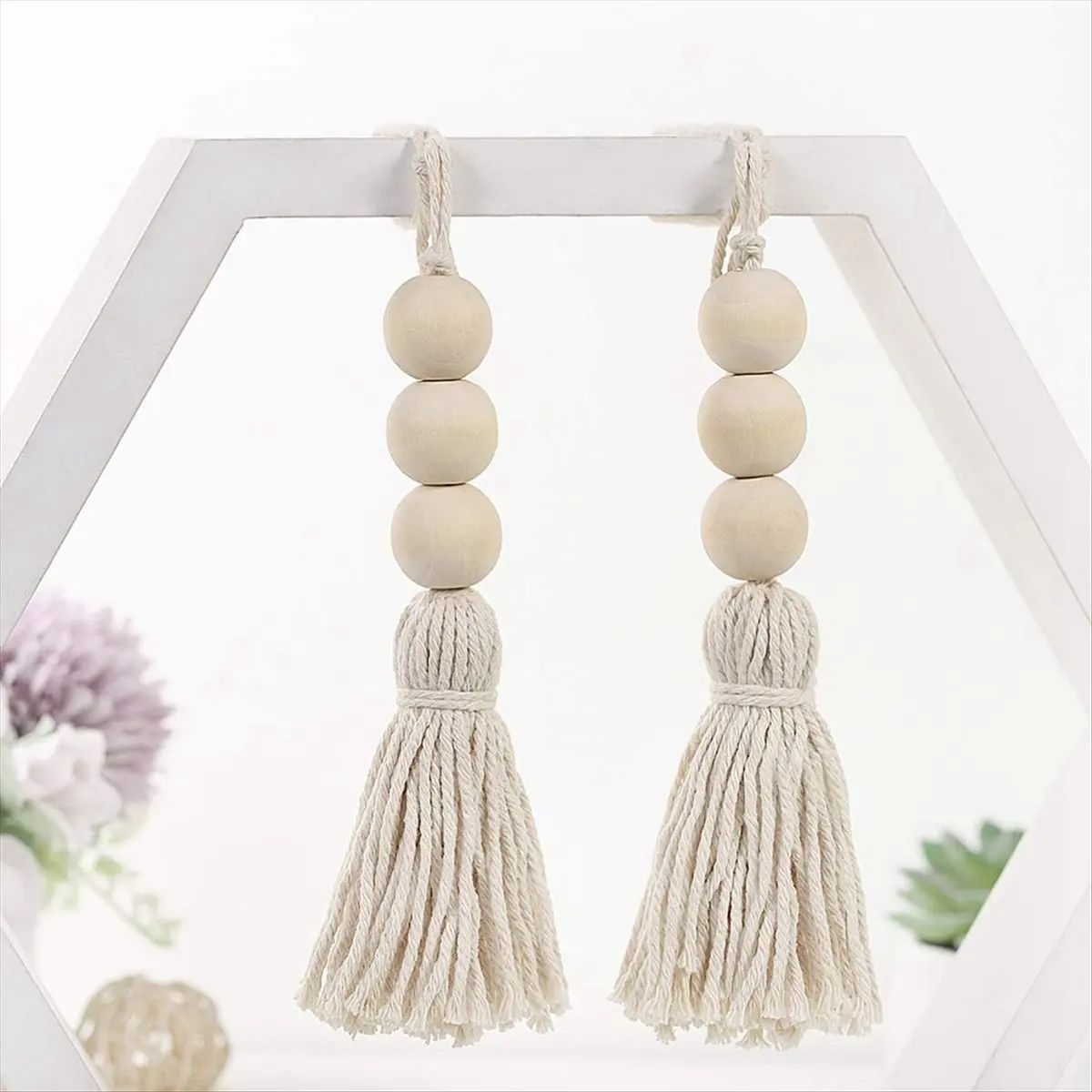 ✱Wood Bead Garlands,Farmhouse Beads Tassels, Rustic Country Decor Prayer Beads for Home Door Knob Decor(4Pcs)