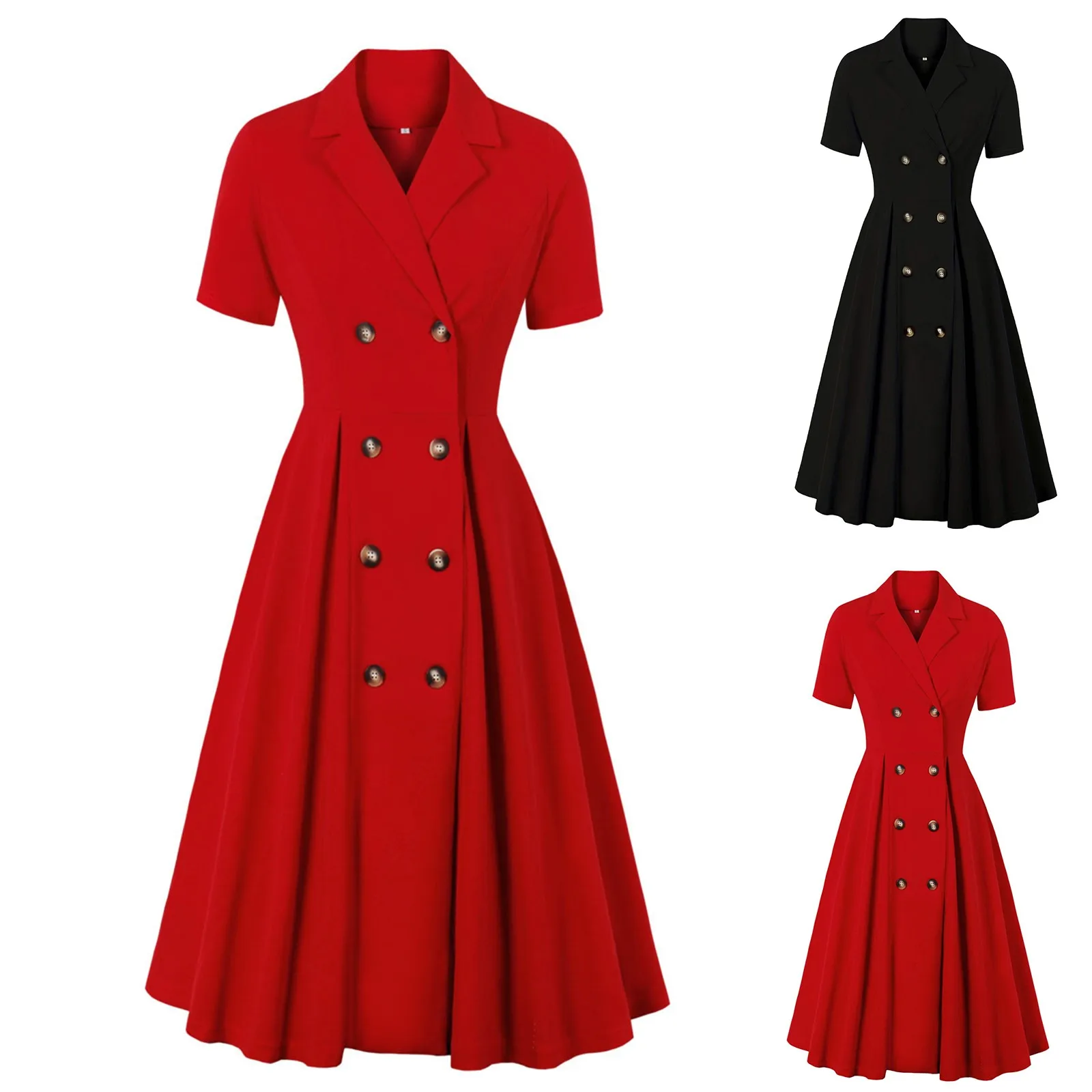 Sukienka damska z krótkim rękawem w jednolitym kolorze Vintage Lapel Dress With Large Swing Skirt Vestidos Mujer Veranoa 2025 Robe Femme