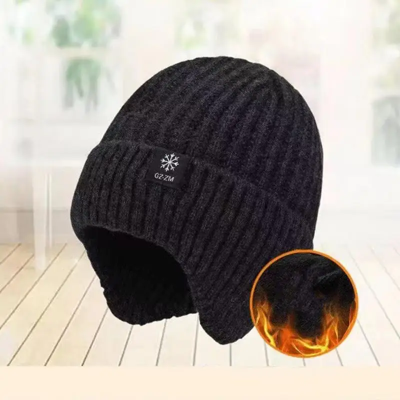 Knitted Hat With Ear Flaps Mens Beanie Knit Hat Winter Hats Ear Protection Knitted Beanie Ski Hat Cycling Hat Beanie Hats For