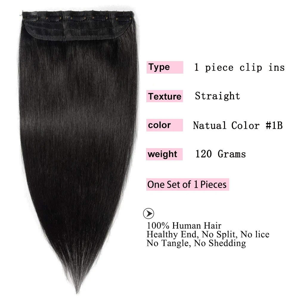 Clip in Human Hair Extensions One Piece 5 Clips 100% Real Human Hair Straight Soft One Piece Natural Human Hair Extensions 120g