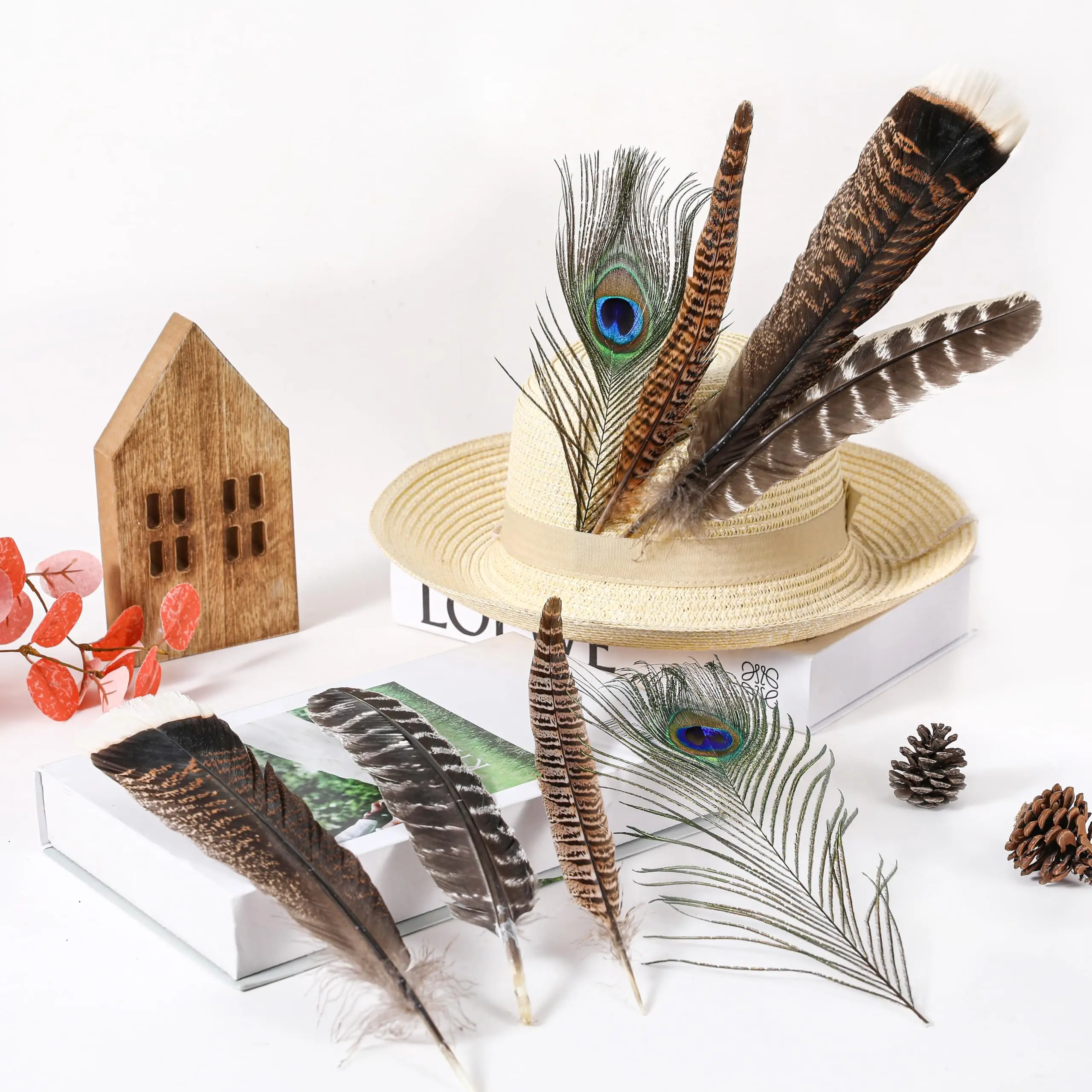 24 قطعة ريش حرفي طبيعي مختلط 4 أنماط ريش الدراج الكبير ريش الطاووس ريش تركيا لتزيين قبعة المزهرية