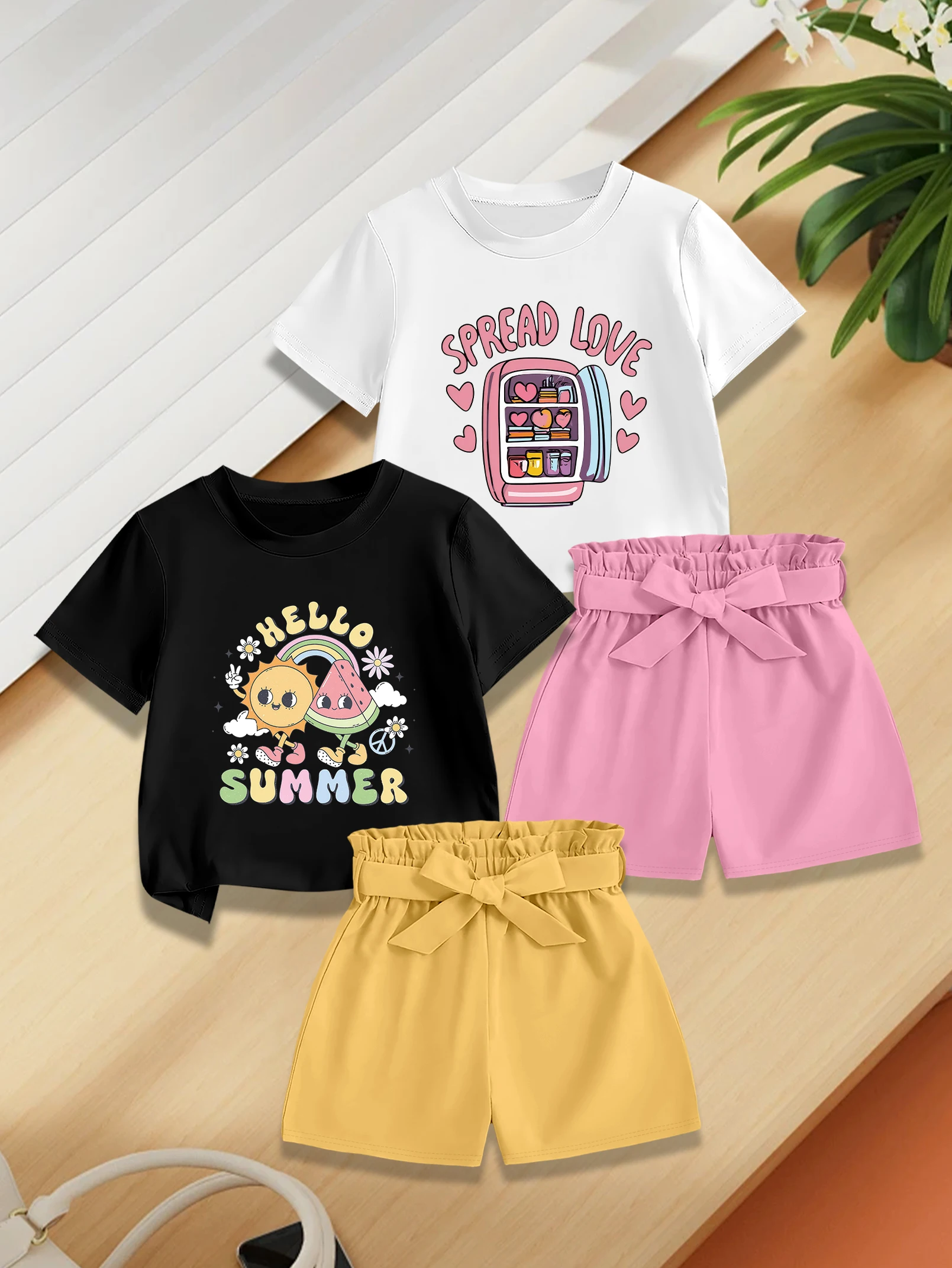 

Комплект из 4 предметов: летний комплект для девочек с принтом арбуза и солнца, короткий рукав, тканые шорты с бантом, милый и стильный наряд.