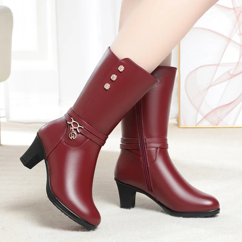 Winter Woman High-heeled Soft Leather Motorcycle Boots Thick Wool Soft Sole Plus Velvet Warm Riding Mid-calf Boot