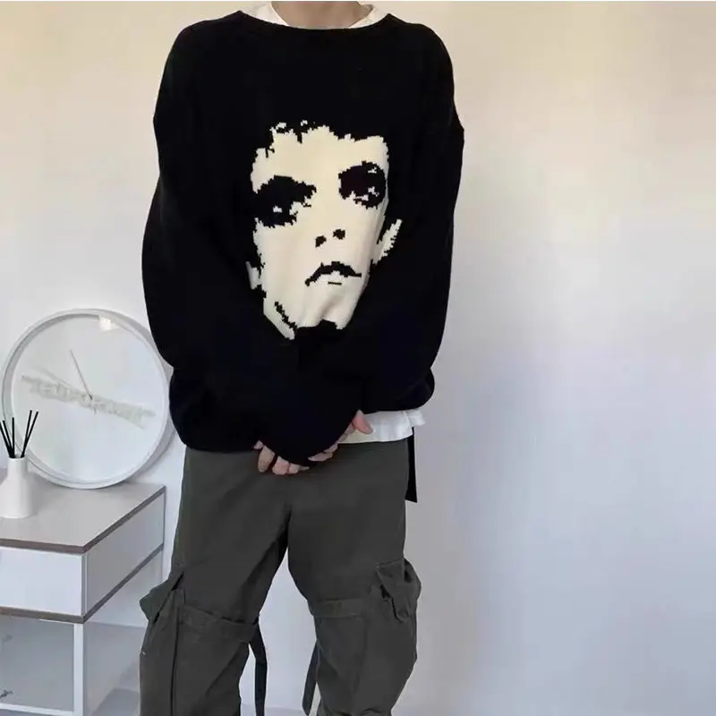 

Gothic Sweater Street Hip Hop Skeleton Jacquard Piercing Sweater Men's and Women's Loose Hooded Knitted Sweater