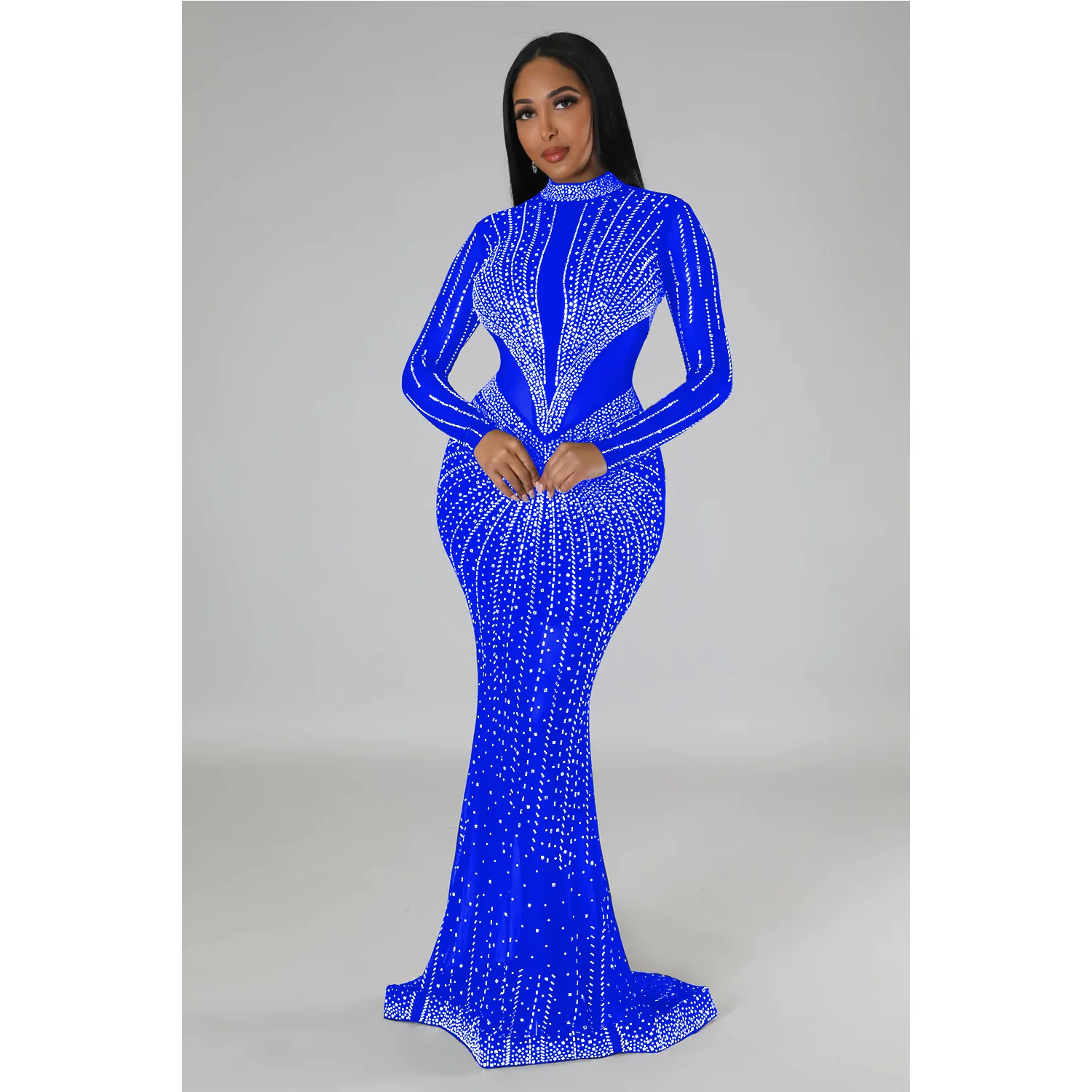 SUSOLA 2024 New Arrival Fashion Design Dress Solid Diamond O-neck Long Sleeve Sexy Celebrity Party Maxi Dresses Vestidos