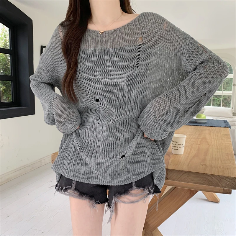 Lazy Thin Ripped Design New Vintage Hollowed Out Knitted Oversized Tops for Women Spring Summer Autumn Harajuku Chic Pullover