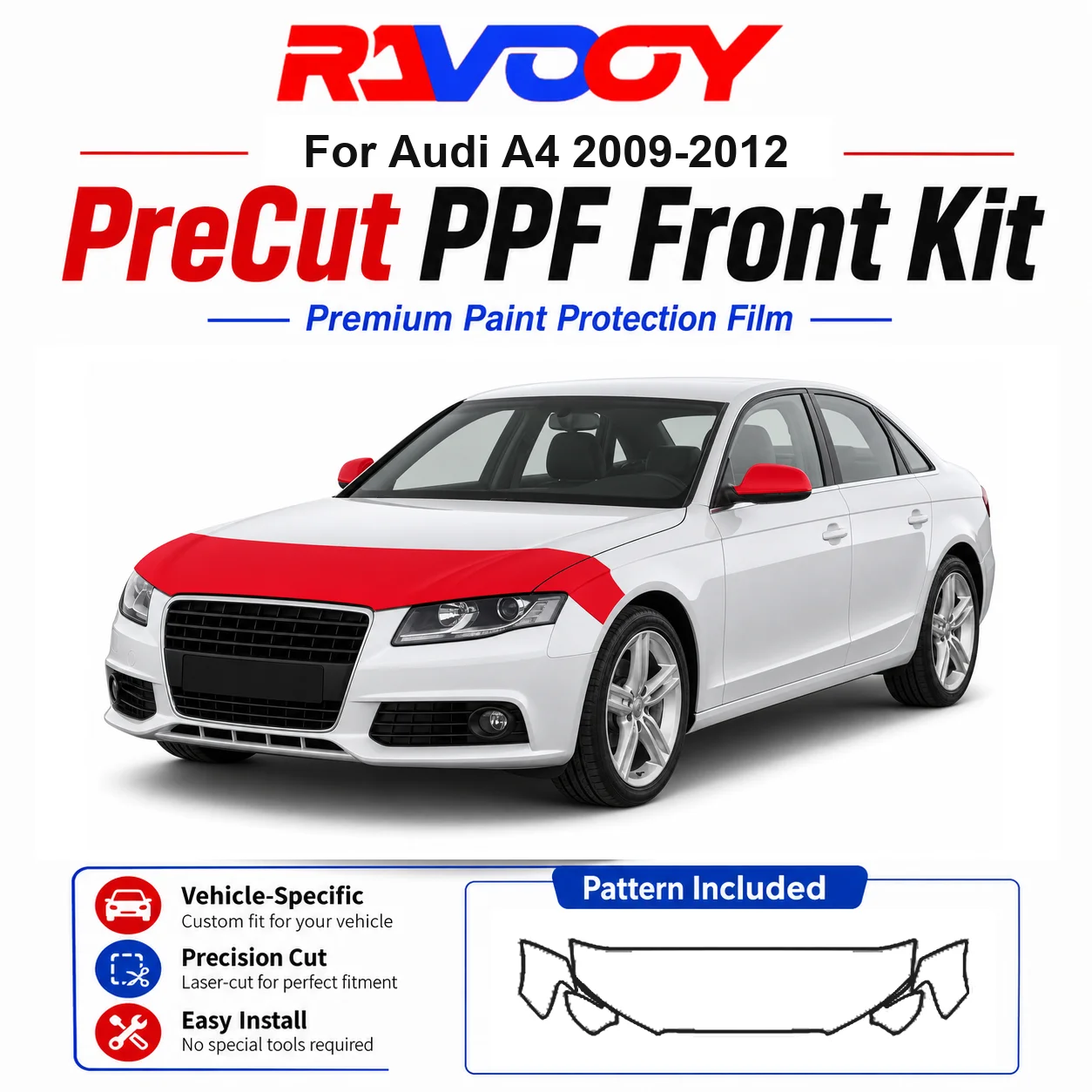 

8.5mil TPU Precut PPF Kit For Audi A4 2009-2012 - Hood, Partial Fenders & Full Mirror Set - Self-Healing Gloss Clear Bra Film