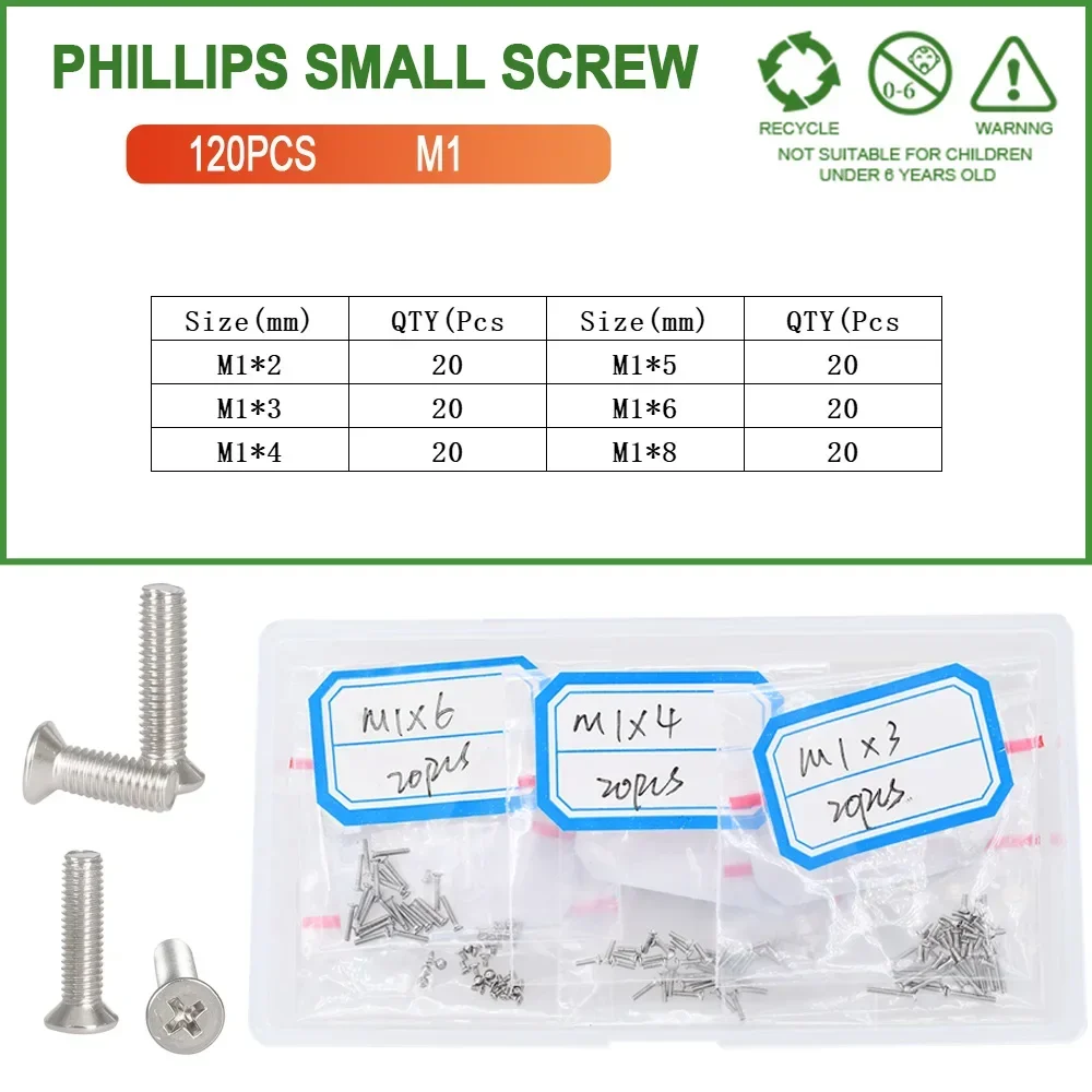 M1 M1.4 M1.6 M2 304 Stainless Steel  Countersunk Philllips Small Screws Spectacle Screw Metric Threaded Eyeglasses Watch Bolts