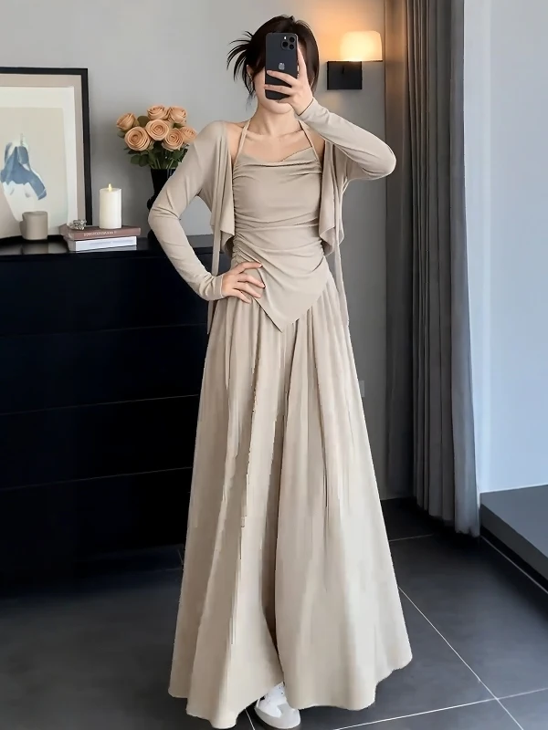

Laid-back Style Asymmetrical Neckline Open Cardigan Wide Leg Pants Three-piece Set Women's Spring Summer New Loose Casual Outfit