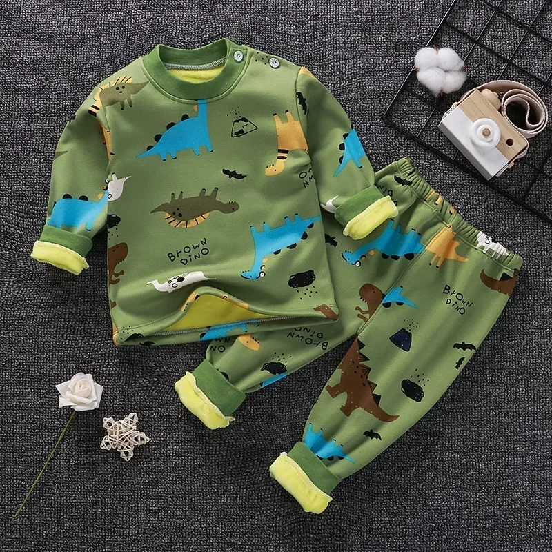 Kids Clothes Autumn Winter Cotton Warm Boys Pajamas Cartoon Flannel Thickened Long Sleeved Home Clothing Set