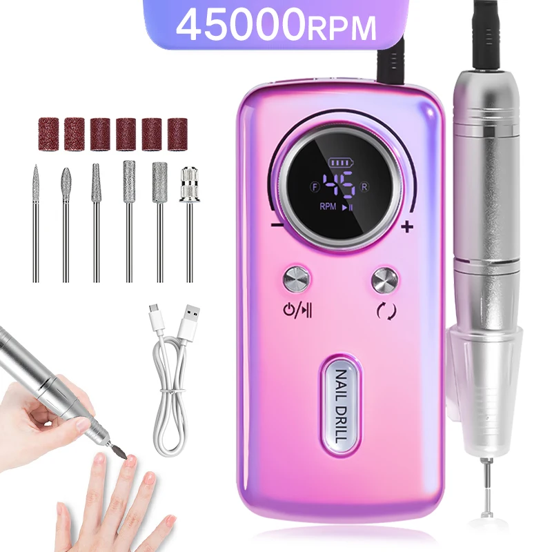 45000RPM Nail Drill Machine With HD LCD Display Rechargeable Nail Sander For Manicure Portable Nail Drill Milling Machine