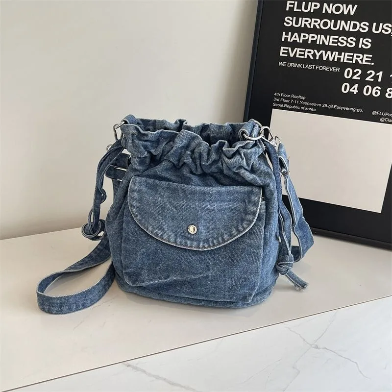 Casual Denim Bucket Bag for Women Shoulder Crossbody Bag Multiple Pockets Ladies Handbag Luxury Design Female Big Totes Bag