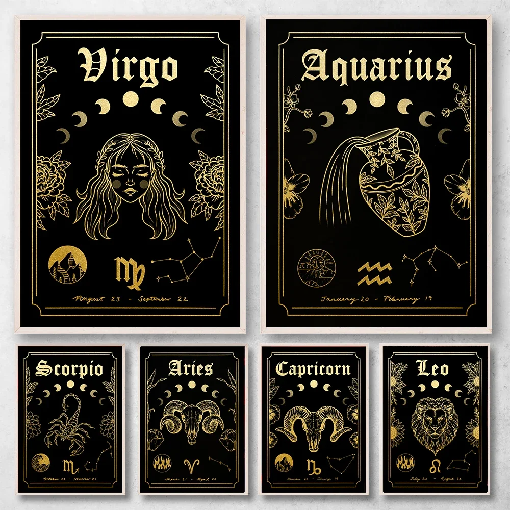 Zodiac Astrology Poster Print Cancer Leo Boho Wall Decor Twelve Constellations Art Canvas Painting Pictures for Home Decoration