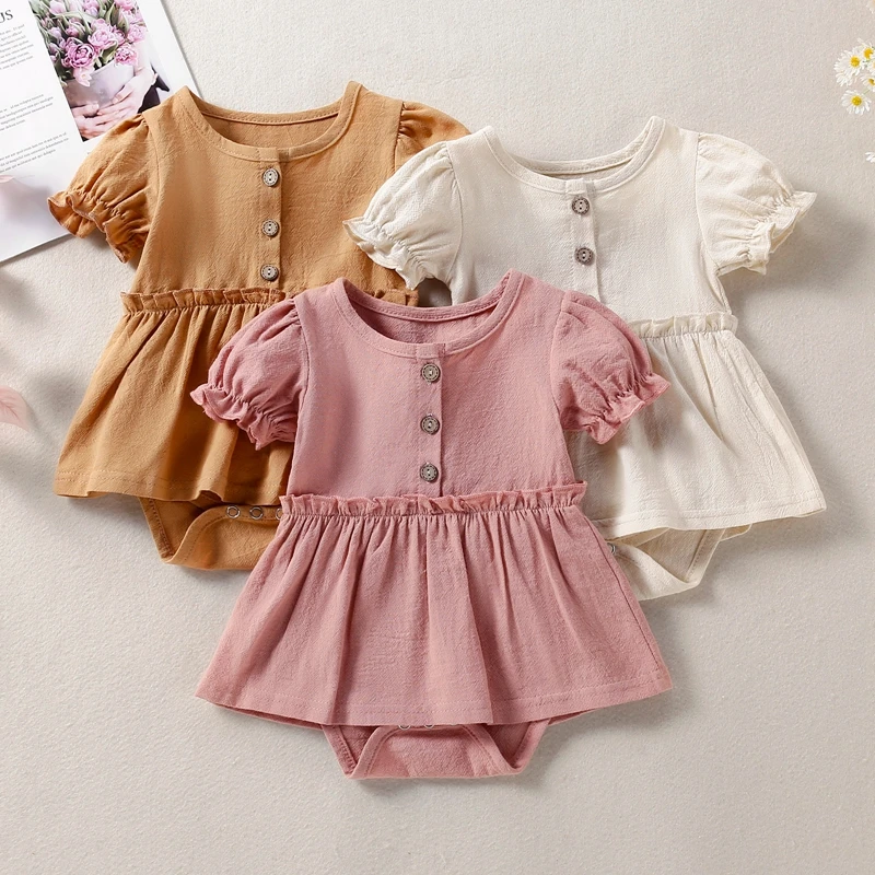 

Newborn Baby Girl Ruffle Romper Dress Summer Short Sleeve Solid Cotton Linen Party Bodysuit Dresses Outfit