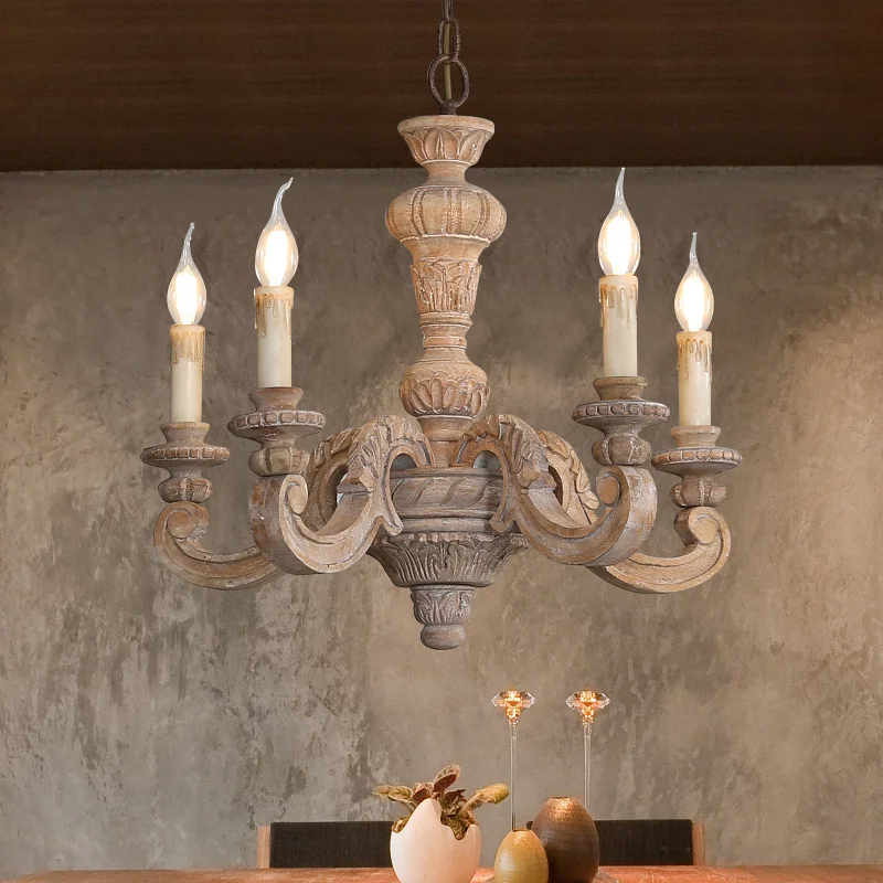 Wooden Retro Chandelier European Vintage Ceiling Hanging Lamp for Farmhouse Living Room Bedroom Carved Candles Pendant Lights