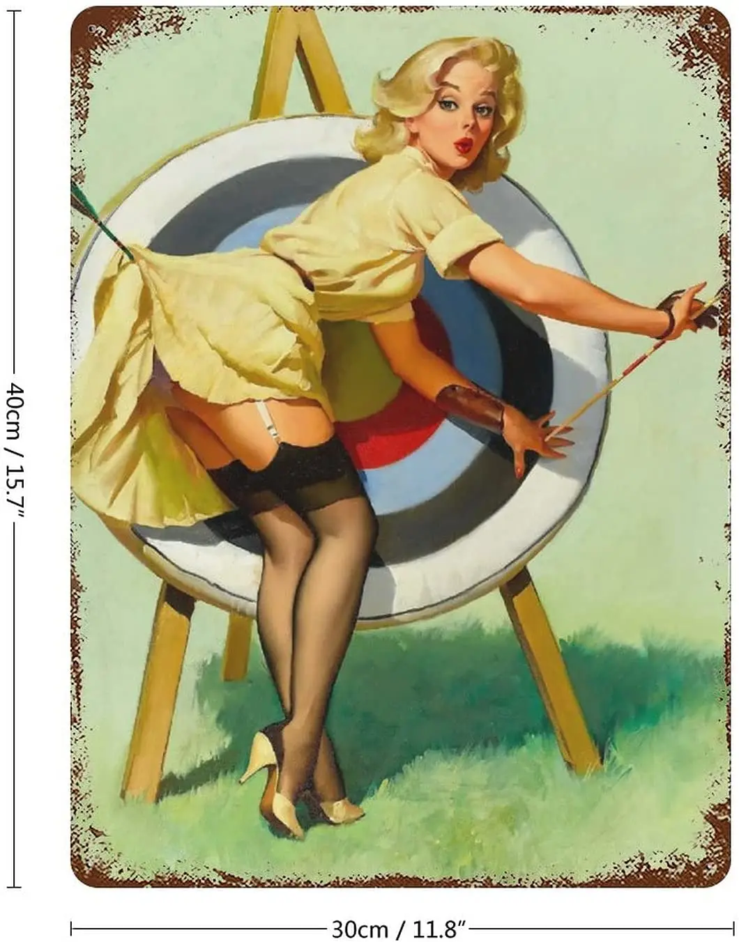 CECEKIS Retro Sexy Woman and Archery Target 1950s Metal Tin Sign, Garage Pin Up Girl Full Service, Vintage Metal Tin Signs