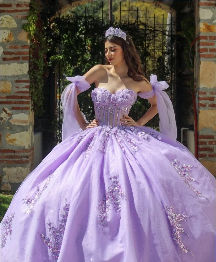 Lavender Mauve princesa Quinceanera Vestido, querida bainha, 3D espartilho frisado floral desossos, guarnição do laço, baile, 15