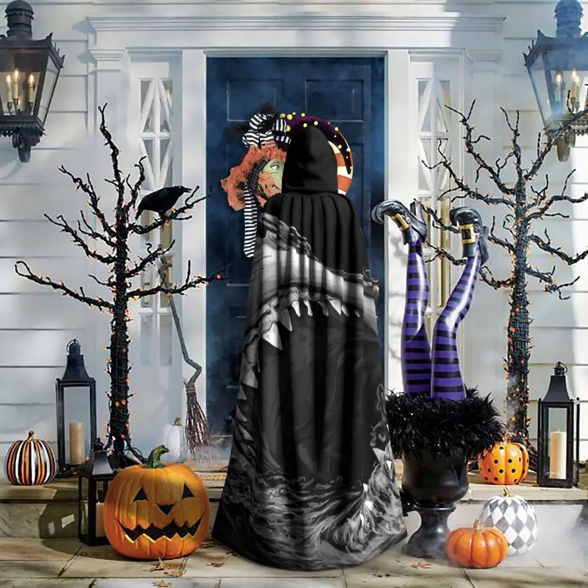 Pintura de tubarão capa com capuz festa de halloween cosplay mulher homem adulto longo bruxaria robe capuz