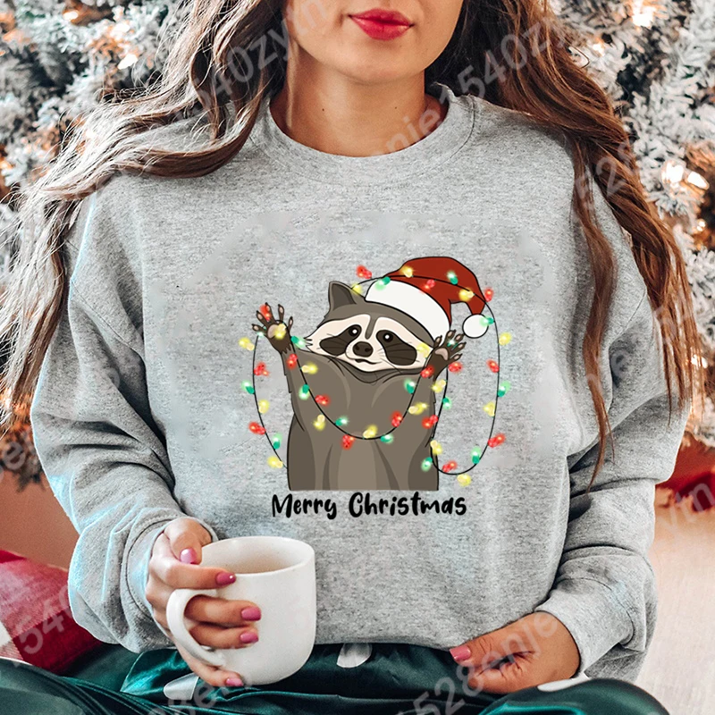 Christmas Light Racoon Merry Christmas Print Pullovers Women Autumn Winter Tops Ladies Creative Personalized Hoodless Sweatshirt