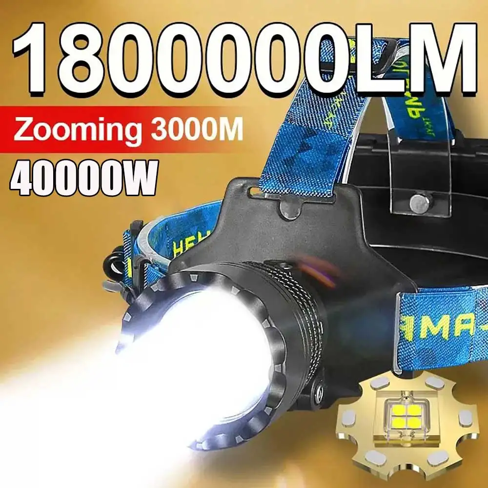 1800000LM 800W Head Flashlight Long Range 3000M Head Lantern Type-c Rechargeable Headlamp Waterproof Outdoor Camping Headlight