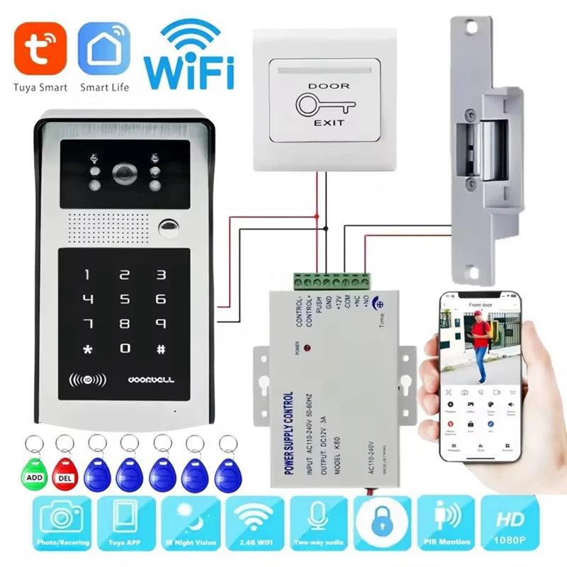 ABSQ-Tuya WIFI الذكية جرس باب يتضمن شاشة عرض فيديو نظام 1080P هاتف باب لاسلكي كاميرا خارجية بطاقة RFID دعم الاتحاد الأوروبي قابس طاقة الاتحاد الأوروبي التوصيل