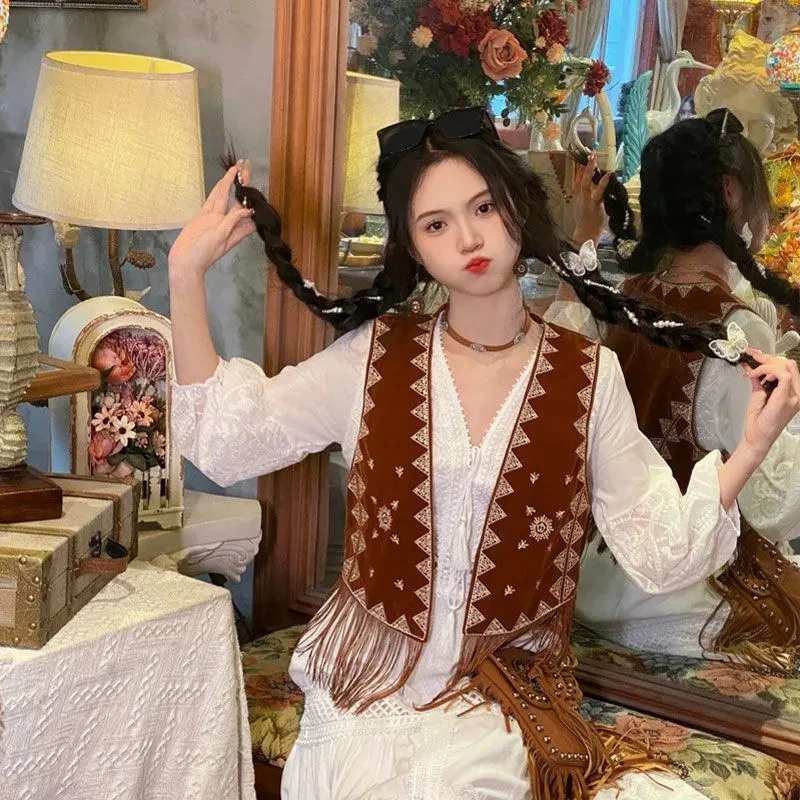 

Винтажный коричневый жилет с вышивкой и кисточками, женский осенний новый кардиган без рукавов, пальто, модный универсальный укороченный топ