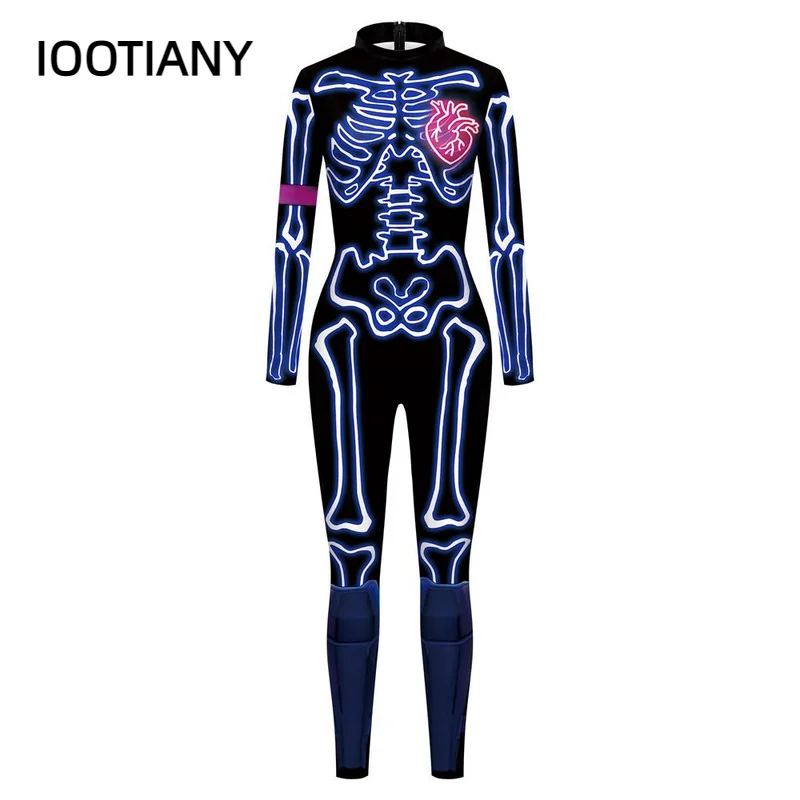 Iootiany Nieuwe 3d Halloween Feest Kostuum Laser Bone Line Cosplay Outfit Jumpsuits Sexy Halloween Kostuums Voor Vrouwen/Mannen Eng