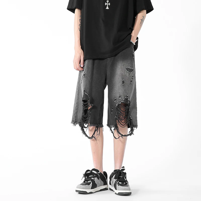 

2024 Men Summer New Fashion Ripped Hole Loose Short Pants Male Streetwear Hip Hop Denim Shorts Mens Pockets Shorts Jeans F16