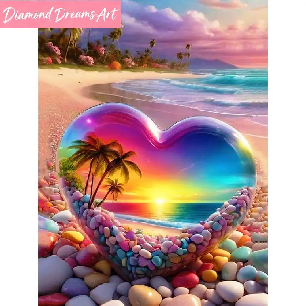 Diamant-Mosaik Liebesherz Küstenbild Stickerei Sonnenuntergang Kiesel Neuheit Diamantmalerei Landschaft Handarbeit, Rahmenlos
