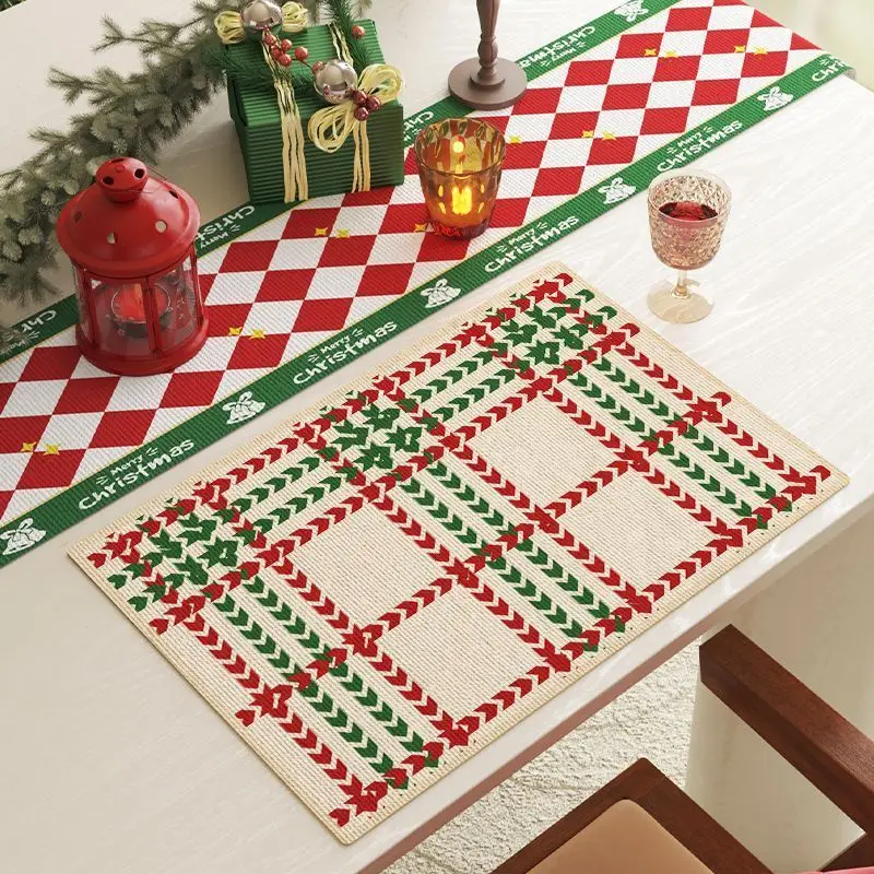 VIKAMA Red Green Ivory Checker Snowflake Christmas Table Mat Placemat Kitchen Decor Dining Room Festive Durable Cozy Aesthetic