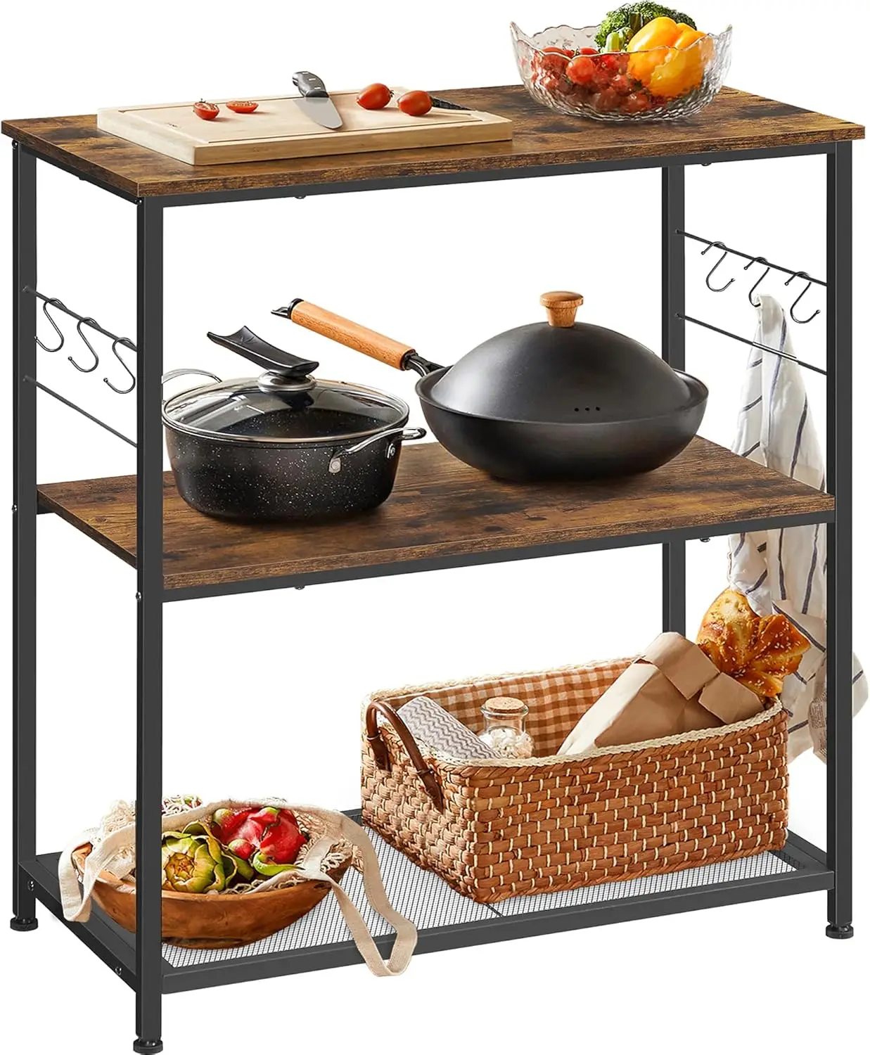

Bakers Rack, Kitchen Shelf, Kitchen Island, Microwave Oven Stand with 3 Open Shelves, 6 Hooks, Metal Frame, 15.7 x 31.5