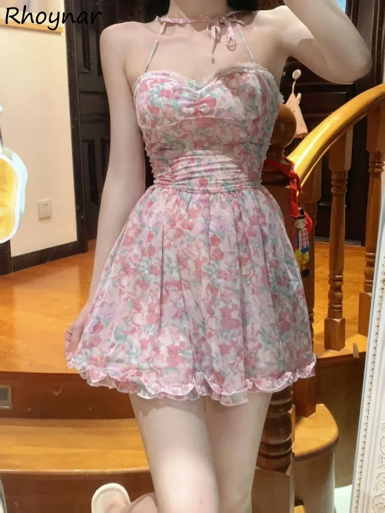 Floral Dress Women Mini Hot Girls High Waist Pink Kawaii Vintage Strapless Summer Aesthetics French Comfort Vestidos Fashion New