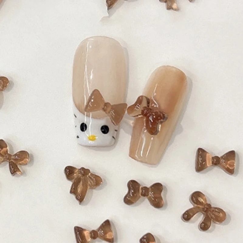 100PCS Warm Winter Autumn Ornaments Maillard Transparent Coffee Color Mini Bow Tie Resin Nail Art Rhinestones Decoration