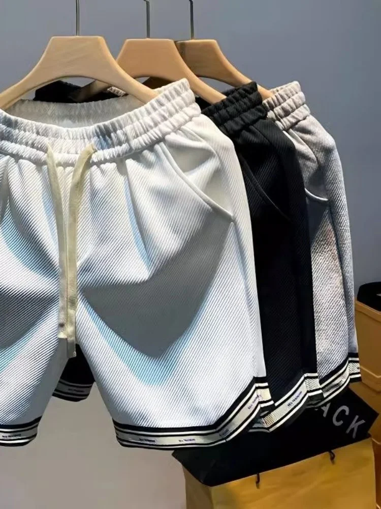 

Summer Mens Casual Sweatpants Knee Length Trousers Drawstring Waist Fashion Spliced Loose Fit High Street Straight Shorts