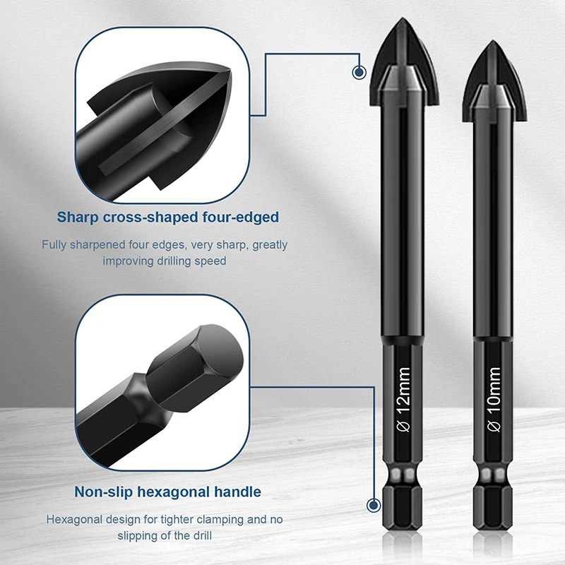 Masonry Drill Bits Set With 4 Cutting Edges Tile for Tile Glass Ceramic Brick Mirror Wood Plastic Concrete Drill Bit Hex Shank