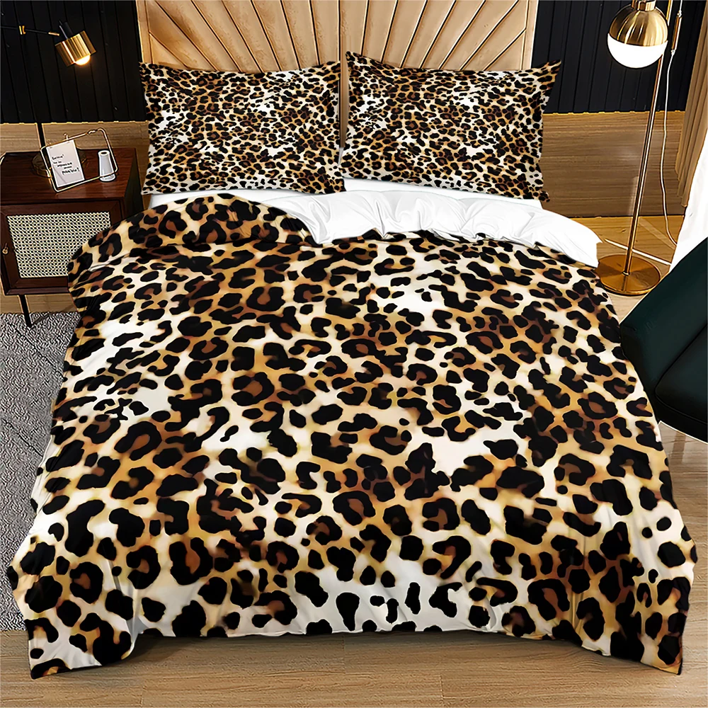 Leopard Print Duvet Cover Set Classic Brown Black Leopard Spots Bedding Set Wild Animal Pattern Soft Microfiber Comforter Cover