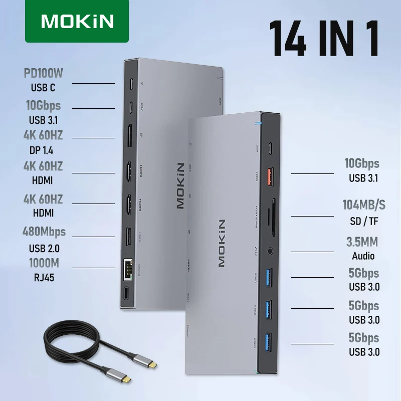 

Док-станция MOKiN 14 в 1 для ноутбука MacBook Air/Pro iPad с интерфейсом Thunderbolt — USB3.1 HDMI 4K DP 4K PD 100 Вт SD TF RJ45 1 Гбит/с аудио