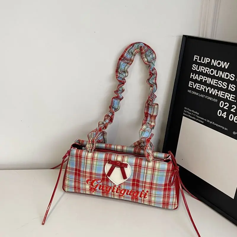 Blue Wine Red Plaid Checkered Baguette Ruffled Gingham Strap Heart Bow Sweet Shoulder Handbag Phone Purse Commute for Women Girl