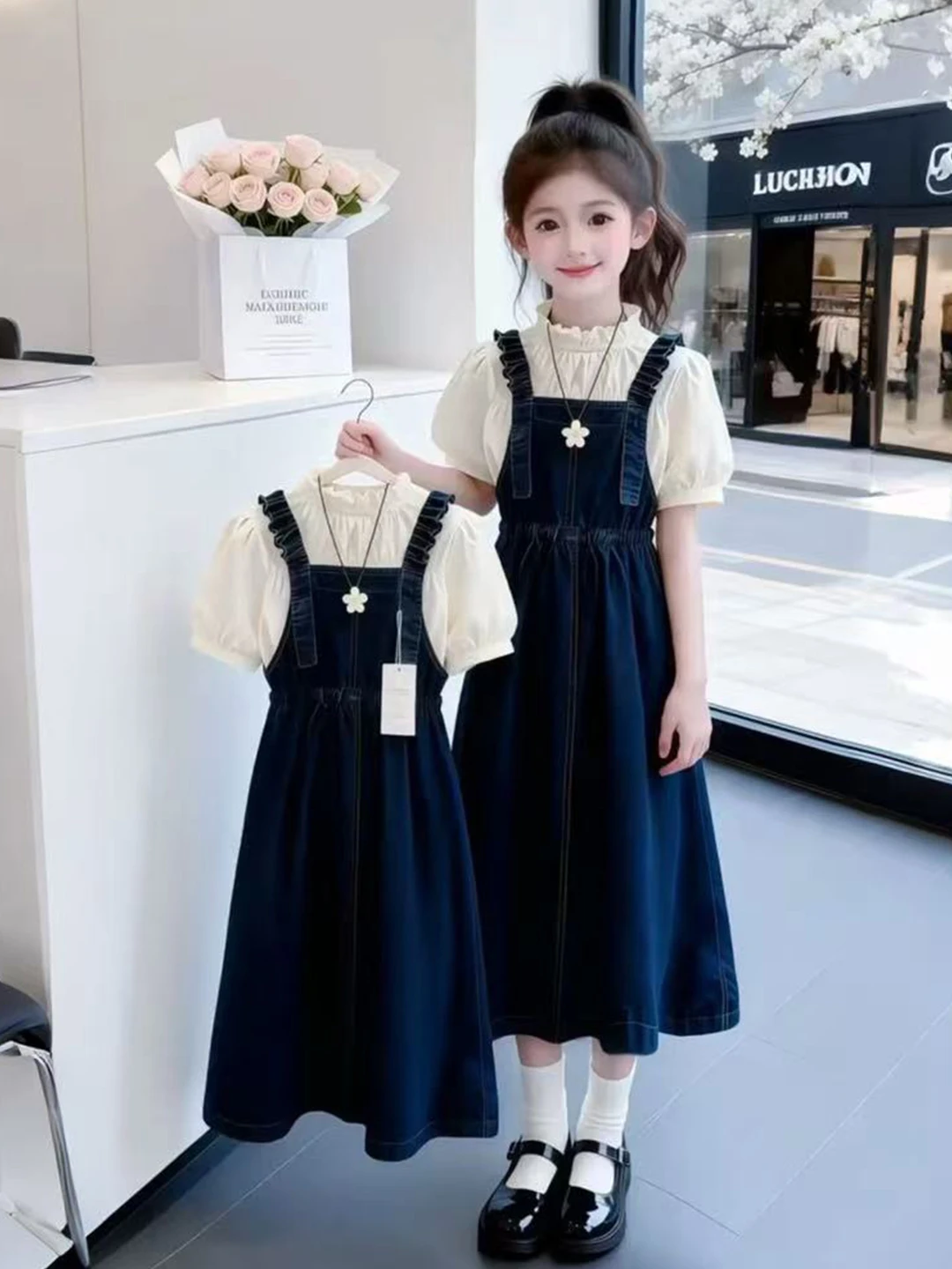 トレンディな夏のツーピースセット韓国風ガールズドレス、ストラップ付き、未思春期と思春期の女の子向けカジュアルオールマッチ服