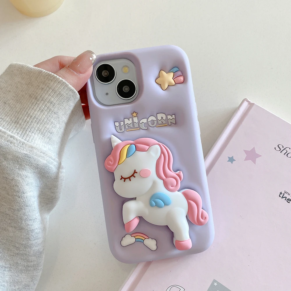 Nette 3D Cartoon Regenbogen Einhorn Pferd Weiche Silikon Halterung Fall Ständer Halter Abdeckung Für iPhone 17 16 Plus 15 14 13 12 Pro Max – Detail 5