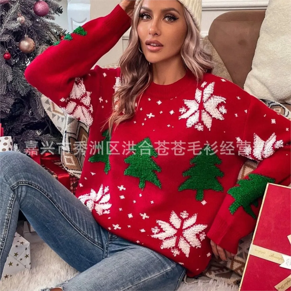 クリスマス冬服女性セータートップクリスマスツリーニットセータープルファムオールマッチルーズシンプルスタイル快適