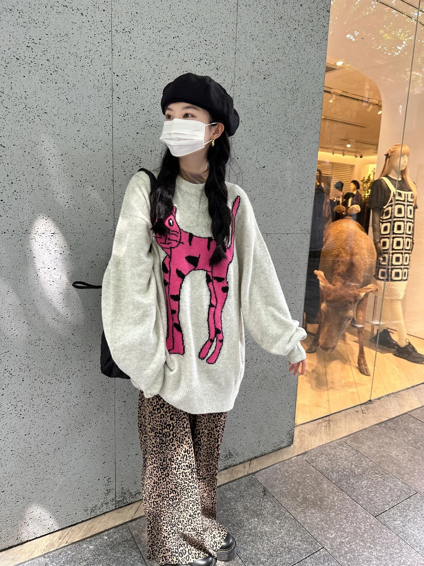 Original Fashion Brand Pink Cat Sweater Women Funny Streetwear Gray Oversized Hiphop Jumper O-Neck Knitted Pullover Korean Style