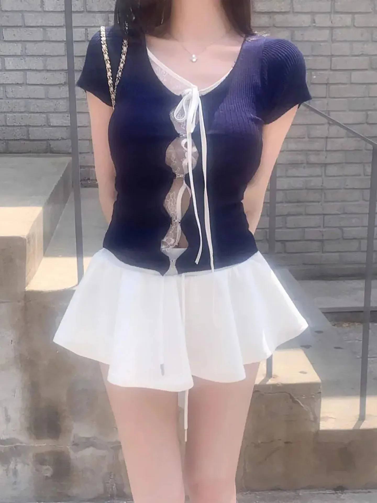 

Blue Hollow out ort Skirt Set Sexy White Top Women's Faion Sweet And Spicy Two-Piece Spring 2026 New Arrival