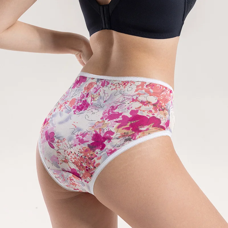 Summer Silk Printed Underwear Women's Middle Waist Comfortable Breathable Thin Shorts Mulberry Silk Hip Briefs