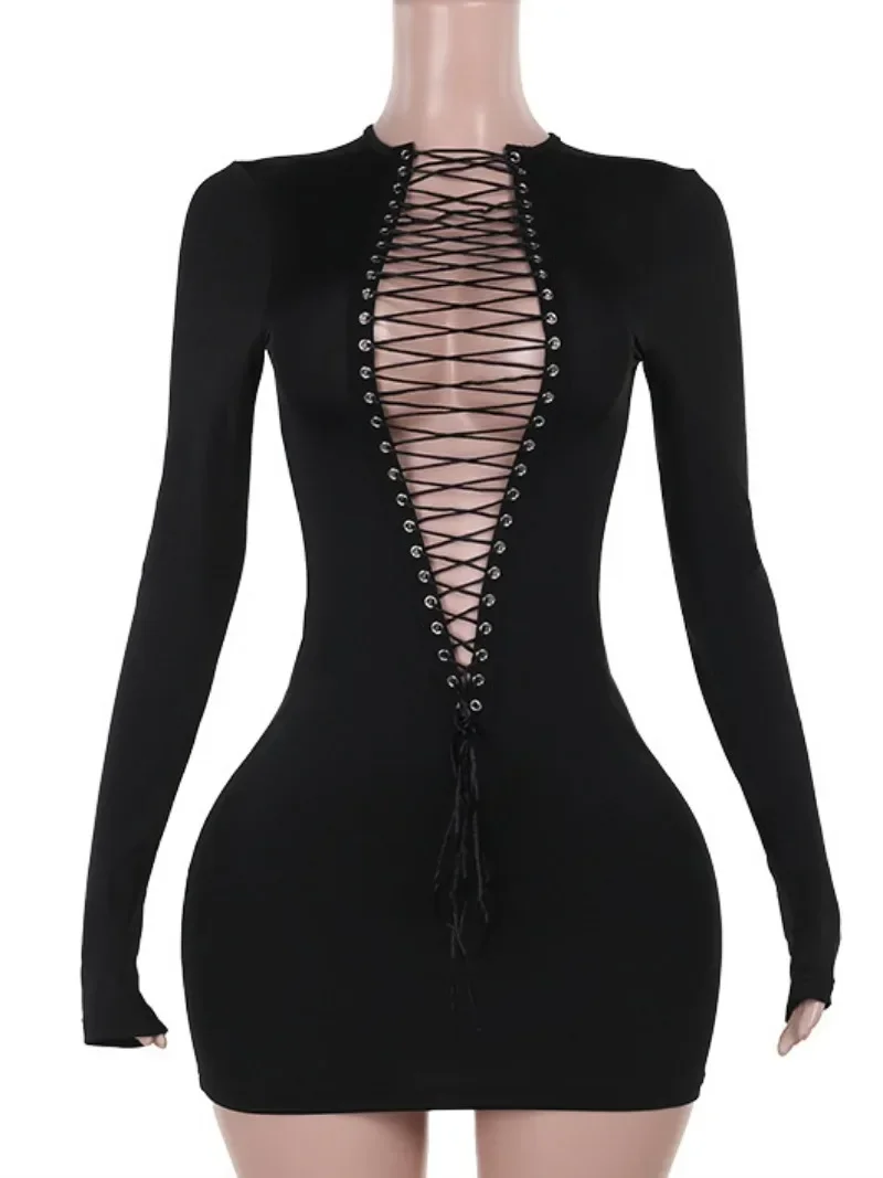 Sexy Hollow Out Bandage Mini Dress Women Fashion Long Sleeve Lace-up Bodycon Package Hip Skinny Party Dresses Night Club Outfit