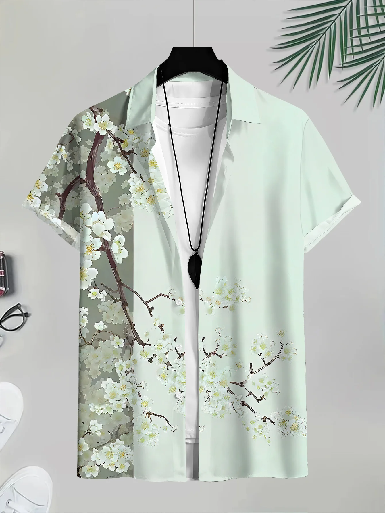 Men's Cherry Blossom Floral Print Short Sleeve Lapel Shirt Summer Beach Loose Casual Mens Clothing