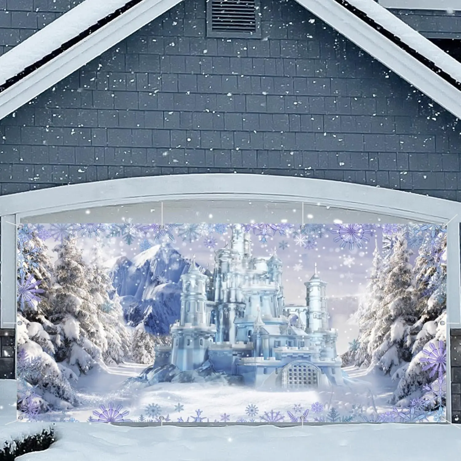 

Winter Garage Door Banner Snowy Forest Ice Castle Backdrop Winter Christmas Decoration Indoor Outdoor Party Hanging Background