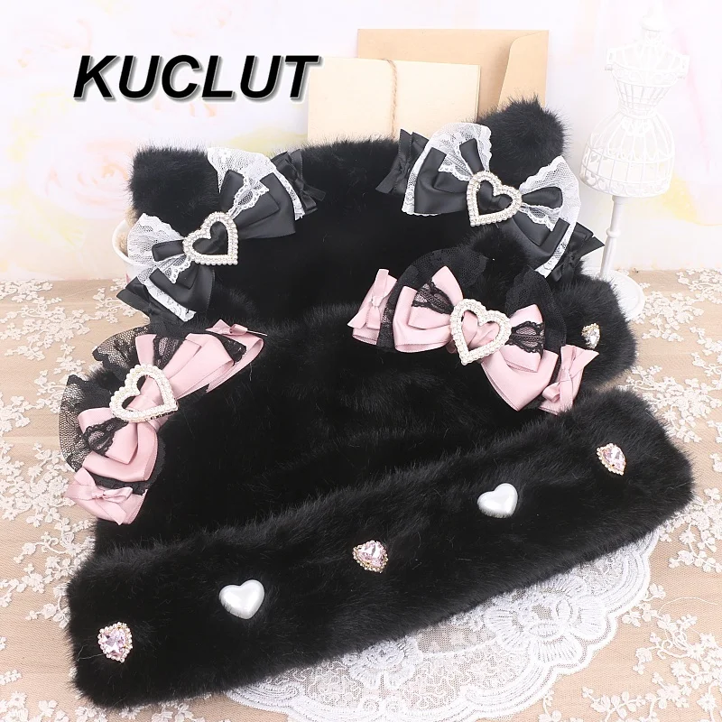 Original Lolita süße schwere Handwerksschleife importierte Spitze Strass flauschige Mütze für Frauen Herbst und Winter warme Damenmützen