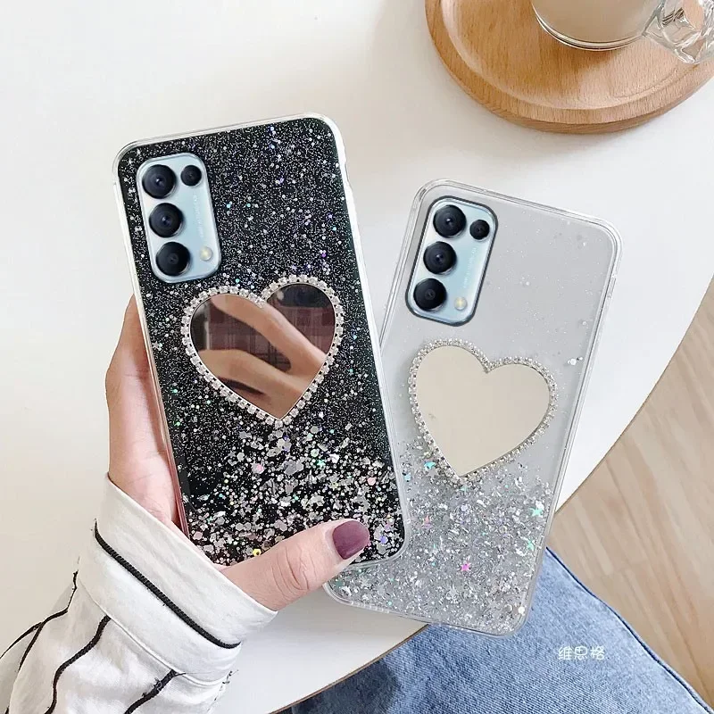 Transparent Case For OPPO A57 A77 A76 A54S A17 A16 A78 A15 Reno 7 A95 A94 A93 5G A74 5G A53 A96 A73 Glitter Heart Mirror Cover